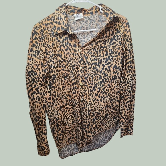 GAP Tops - Gap The Easy Shirt Leopard Print Button Down Blouse Tan Black Small Long‎ Sleeve